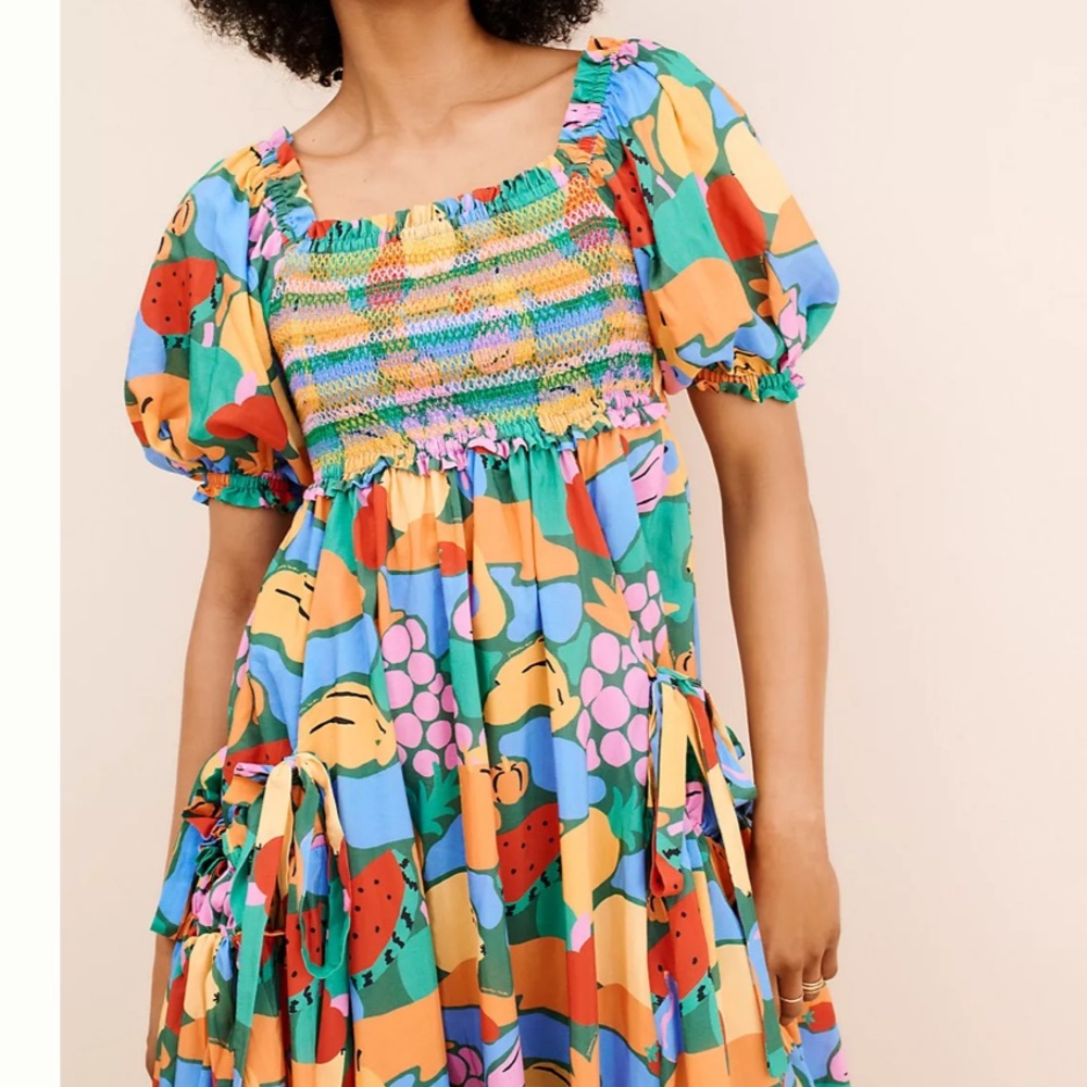 FARM Rio x Anthropologie Fruit Landscape Short Sleeve Dress Sz M Blue